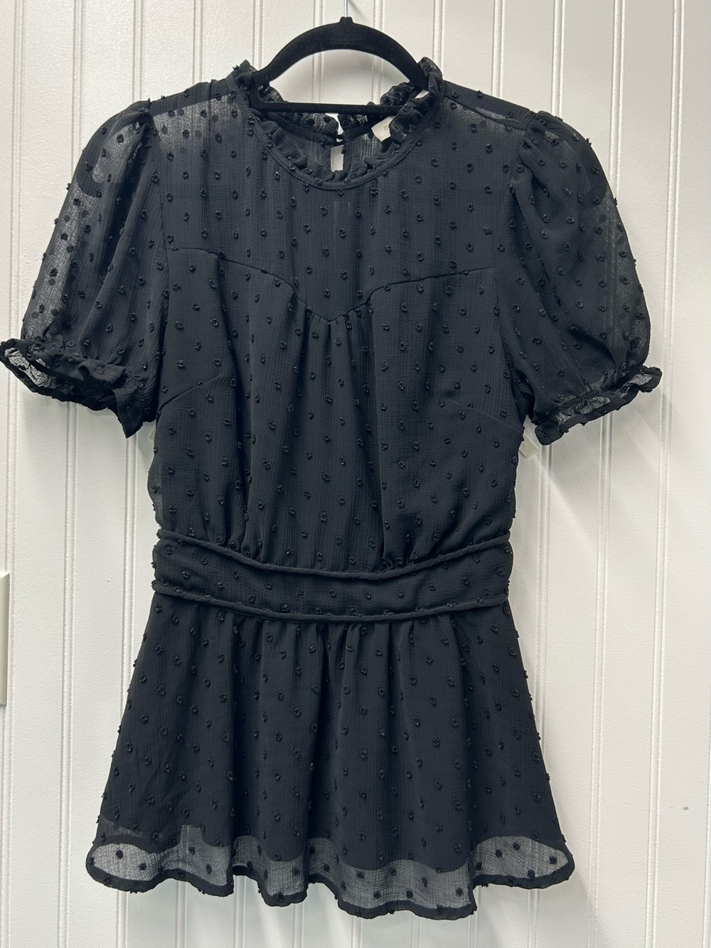 Monteau Black Swiss Dot Puff Sleeve Blouse